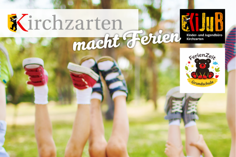 Kinder im Gras liegend mit Ferienlogo Kinder im Gras liegend mit Ferienlogo